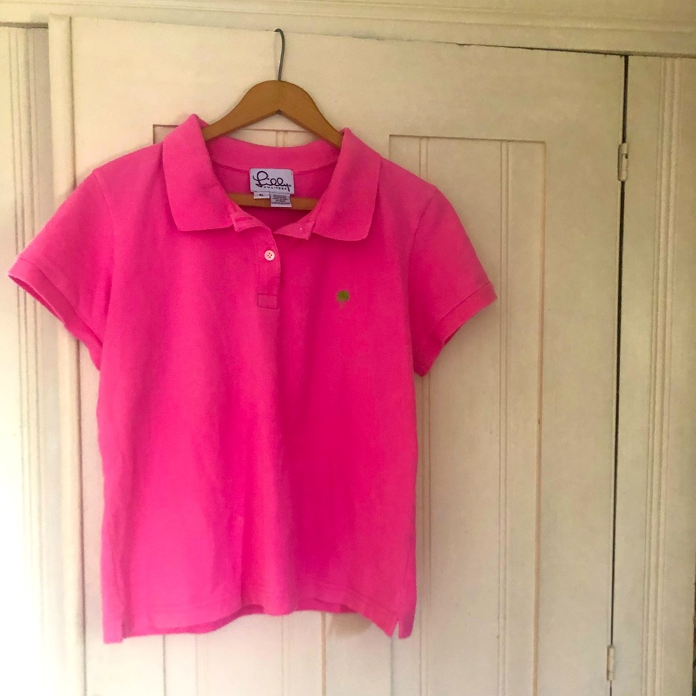Lily Pulitzer XL pink polo collared shirt. Palm tree detail